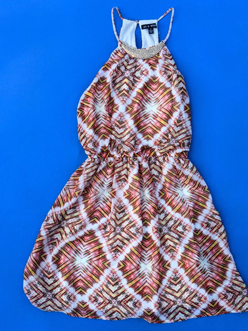 As U Wish Geometric Aztec Halter Mini Dress w/ Embellished Neckline - Size small